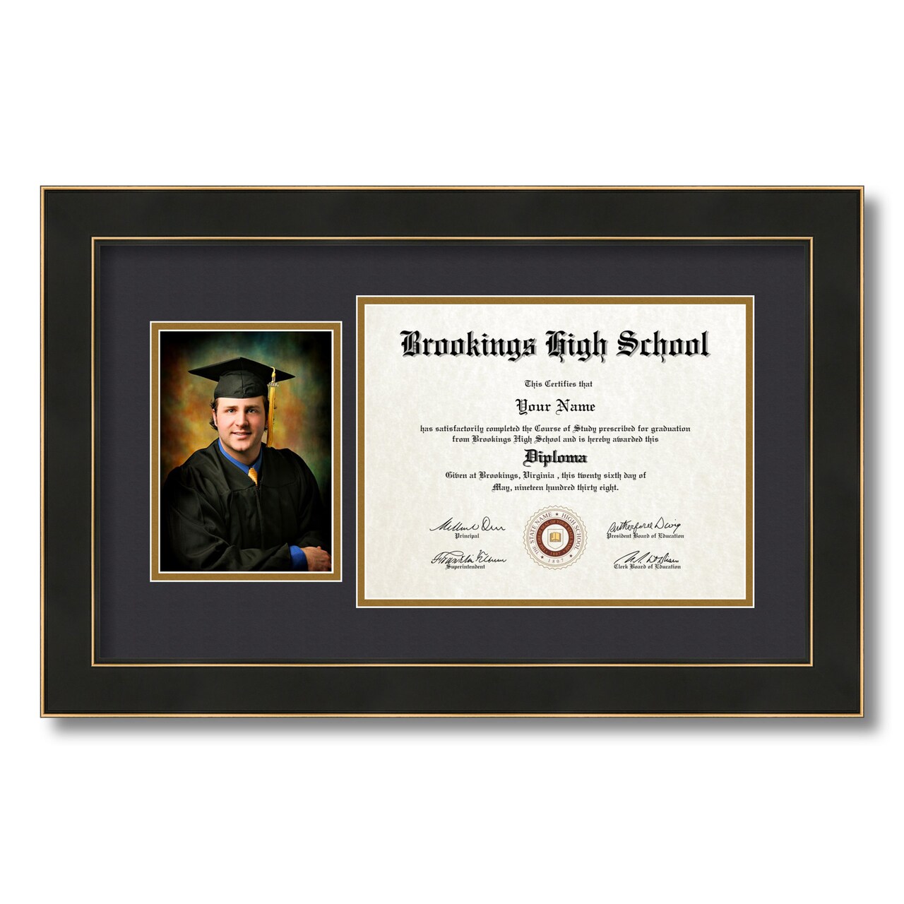 ArtToFrames 8.5x11 inch Diploma Frame with 6" x 8" Inch Image Opening - Framed with Black and Gold Mats, Comes with Regular Acrylic and Sawtooth Hanger for Wall Hanging (DT-8.5x11)